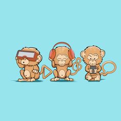 three monkeys wearing headphones and holding scissors