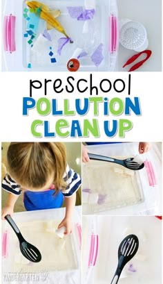 a collage of photos showing how to use plastic spoons and tongs for pollution clean up