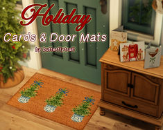 a door mat with christmas trees on it next to a wooden cabinet and potted plant