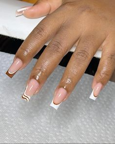 Brown and white french tips with abstract design #nailinspo💅🏻 #frenchtipnails #abstractnaildesign Simple Nails Gel, Chocolate Nails, White French Tips, Brown Acrylic Nails, Acrylic Toe Nails, Wow Nails, Subtle Nails, Fancy Nails Designs, Colored Acrylic Nails