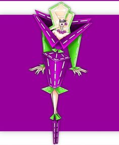 an origami woman in purple and green