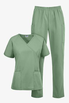 Strictly Scrubs Scrub Top Features: Mock Wrap V-neck, raglan sleeves, 2 patch pockets, back darts, side slits. Strictly Scrubs Scrub Pant Features: Elastic waist, straight tapered style, 2 cargo pockets, 1 cell phone pocket; Regular Inseam is approximately 30 inches, Petite Inseam is approximately 28 inches. Fabric Content: 65 Polyester 35 Cotton.. Strictly Scrubs Women's Classic Scrub Set - Size 2X Seaspray Polyester/Cotton Scrubs Women, Vet Scrubs, Medical Scrubs Fashion, Work Aesthetic, Medical Scrubs Outfit, Doctor Scrubs, Nurse Scrubs, Green Scrubs, Nurse Inspiration