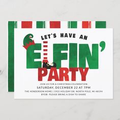 an elf themed party is featured in this holiday card design for the children's christmas party