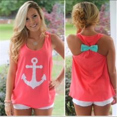 Pink And White Anchor Shirt. With Blue Bow On Back. Super Cute. New In Package Wedding Day Shirts, American Clothes, Wedding Party Shirts, Bachelorette Party Games, Casual Tanks, Bridal Party Shirts, Racerback Top, Sweatshirt Outfit, Look Vintage