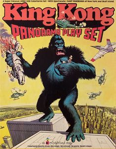 an advertisement for the king kong panoramic play set, featuring a gorilla holding a rocket