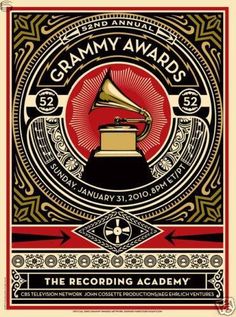 a poster for the recording academy featuring an old record player and a gramm award