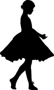 the silhouette of a girl in a dress is walking with her hand on her hip