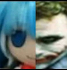 two different images of the same person with blue hair and makeup, one is wearing a clown mask