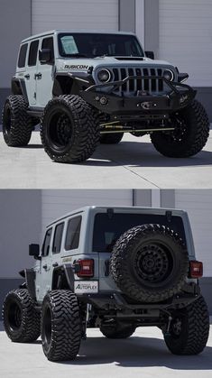 the front and rear views of a white jeep with large tires on it's wheels