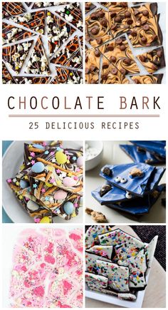 the cover of chocolate bark is shown with different types of cookies and desserts on it