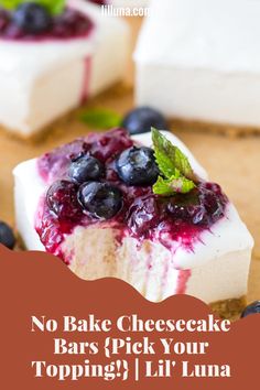 image Recipe: No-Bake Cheesecake Bars are just the right amount of sweet, with a buttery graham cracker crust. Top them however you like—fruit, chocolate sauce, or caramel and sea salt! No Bake Cheesecake Bars, Fruit Chocolate, Cracker Crust, Bake Cheesecake, No Bake Cheesecake, Cheesecake Bars, Chocolate Sauce