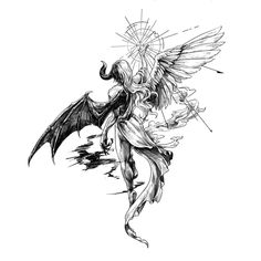 a black and white drawing of an angel with wings