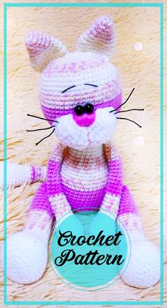 a crocheted cat sitting on top of a white rug with the words crochet pattern below it