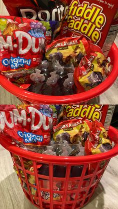 two red baskets filled with candy and candies