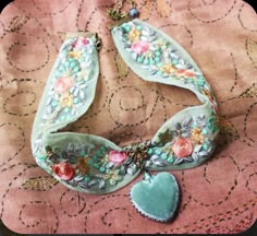 Ribbon Choker, Spiral Necklace, Velvet Heart, Boho Choker, Textile Jewelry, Mint Blue, Rilakkuma, Ribbon Embroidery, Fabric Jewelry