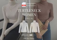 two women wearing turtle neck sweaters and jeans