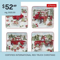 four red trucks with christmas trees and sleighs are on sale for $ 52 99