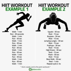 an exercise poster with the words hit workout example 1 and 2 on each side of it