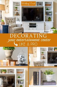 an entertainment center with bookshelves, chairs and a television in it that says decorating your entertainment center like a pro