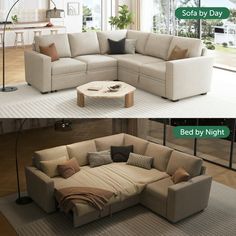 two pictures of a living room with couches and coffee table in the middle one has pillows on it