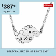 Celebrate the arrival of your beloved baby with this personalized necklace. Crafted from Sterling Silver, this rope chain necklace features a feet-shaped plate pendant with the baby's name and birth date engraved. Features: PersonalizedLink Construction: SolidMetal Color: WhiteChain Length: 18 InchChain Width: 1 MillimetersPendant Length: 11mmPendant Width: 11mmChain Construction: RopeMetal: 10k Gold, 10k White GoldNecklace Type: Link NecklacesAssembled in the US from Imported Materials Rope Chain Necklace, Necklace White, Personalized Necklace, Link Necklace, Rope Chain, Baby Names, Chain Necklace, Necklaces