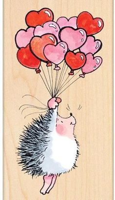 a card with an image of a hedge holding heart shaped balloons on it's head