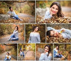 a woman is sitting on the ground with leaves around her and posing for an image