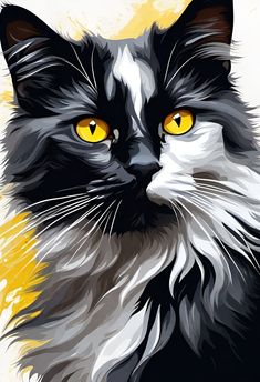 a black and white cat with yellow eyes is shown in this artistic painting by numbers