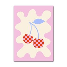 two cherries on a pink background with blue and red checkered design in the middle