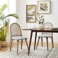 a dining room table with two chairs and a potted plant on the floor next to it