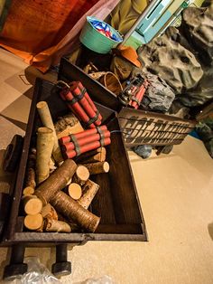 there are many different types of firewood in the tray on the floor next to each other