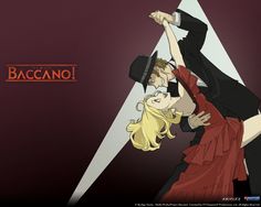 a man and woman dance in front of a red background with the words baccano on it