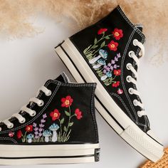 '' Custom Black Converse Hight Tops Chuck Taylor 1970s Embroidered Mushrooms and Red Flowers '' 🍀 Price includes Converse Shoes and Floral Embroidery Designs as shown 🍀 🍀 Shoe Type: Converse 1970s 🍀 Shoe color: 3. Black_1970s 1. DETAILS 🍀 You can send me your Converse, Vans, canvas shoes or I can buy them for you. Custom-ordered embroidered Vans and Converse shoes, please wait another 2-4 days. Each pair is hand embroidered to order, please make sure you put in the correct shoe size before you check out. The embroidery is meticulous and does not fade. 🍀 You will receive Vans and Converse shoes with floral embroidery designs as above. 2. PERSONAL EXPRESSION 🍀 Create your unique vibe by your own design of embroidery! In addition to the embroidery patterns I post, I am happy to receive Floral Embroidery Designs, Vans Canvas Shoes, Custom Converse, Embroidered Shoes, Womens Tie, Converse High