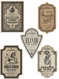 four different label designs for various types of liquors, including one with the name eliir