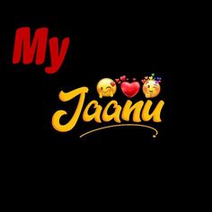 the word jaaniu written in yellow and red letters with two smiley faces on it