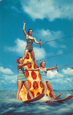 three women on water skis in the middle of an advertisement for kitesurfing