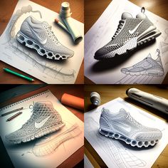 four different views of shoes on top of paper with markers and pencils next to them