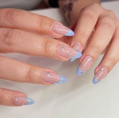 Chrome Tips With Gems, Fairy Dust Chrome Nails, Blue Nails With Gems Rhinestones, Dust Blue Nails, Structured Manicure Ideas, Iridescent Nails French Tip, Chrome Nails With Rhinestones, Blue Nails With Gems, Blue Iridescent Nails