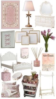 a collage of pink and white items including a bed, dresser, mirror, lamp, table