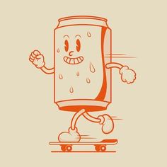 a can of soda is riding on a skateboard