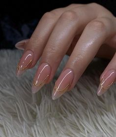 Delicate Almond Nails, Pearl Tip Nails Acrylic French, Blush Gold Nails, 3d Gold Nail Art, Wedding Nails Gold Accent, French Tip Gold Line, Acrylic Nails Gold Design, French Chrome Nails Designs, Pink Nude Nails Design