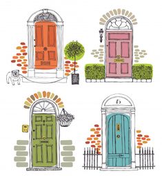 four doors in different styles and colors with plants on each door, one has a potted