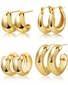 PRICES MAY VARY. Trendy Chunky Hoop Earrings Set - You will get 4 pairs women‘s thick gold hoop earrings in this set, one set can meet your various occasions and wearing needs! - Chunky earrings can perfectly add a bold and stylish touch to any outfit. - They can be worn with casual outfits, such as jeans and a t-shirt, to add a touch of glamor, or they can be paired with formal dresses to create a sophisticated and elegant look. Hypoallergenic,Lightweight & Comfortable - These thick gold hoop e Chunky Gold Earrings, Thick Gold Hoop Earrings, Gold Earrings Set, Gold Teardrop Earrings, Thick Gold Hoops, Gold Hoop Earring, Chunky Gold Hoop Earrings, Twisted Hoop Earrings, Fashion Png