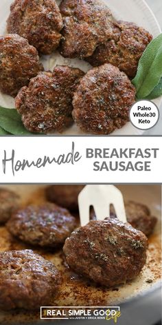 some meatballs on a plate with a fork in it and the words homemade breakfast sausage