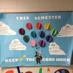 a bulletin board with colorful paper balloons attached to it