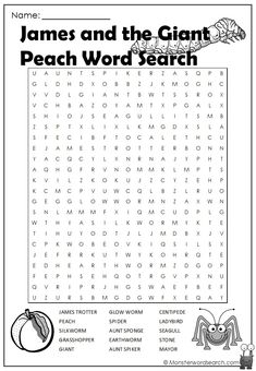 the james and the giant peach word search is shown in this printable worksheet