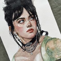 a watercolor painting of a woman with black hair and piercings on her neck