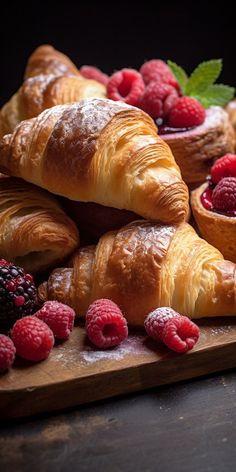 croissants and raspberries on a cutting board