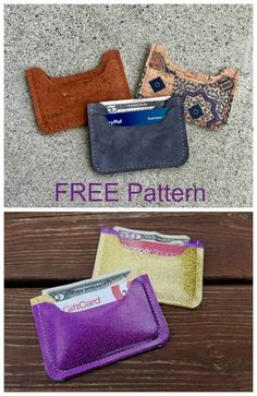 three different types of wallets with the text free pattern on them and an image of two