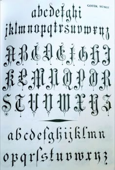 an old english type of writing with black ink on white paper, in the style of gothic